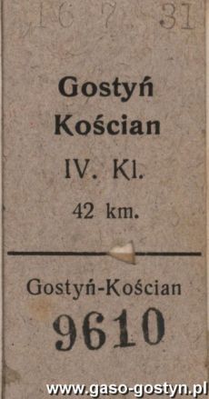 22. Bilet kolejowy Gostyn-Koscian (16 lipca 1931 r (2)