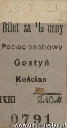 22. Bilet kolejowy ulgowy Gostyn-Koscian (16 lipca 1931 r.)