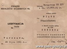 263. Legitymacja - srebrna odznaka honorowa zasluzonego dzialacza Zwiazku Inwalidow Wojennych PRL (1961r.)