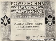 2807.Przyznanie medalu brazowego (oryginalna pisownia bronzoweg) dla Huty Szkla Gostyn w Gostyniu za wyrob bialych butelek likierowych na Powszechnej Wystawie Krajowej w Poznaniu (1929 r.)