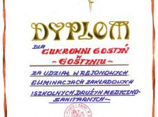 2808.Dyplom dla Cukrowni w Gostyniu za udzial w Rejonowych Eliminacjach Zakladowych i Szkolnych Druzyn Medyczno-Sanitarnych (Gostyn, 8 czerwca 1985 r.)