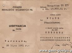 302.Legitymacja srebrnej odznaki Zasluzonego Dzialacza Zwiazku Inwalidow Wojennych PRL - 1961r.