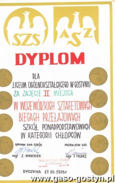 3495.Dyplom dla Liceum Ogolnoksztalcacego w Gostyniu (1976 r.)