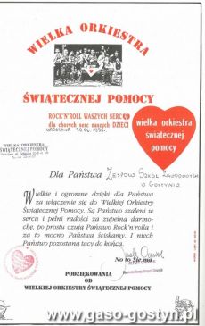 3801.Podziekowanie za udzial w Wielkiej Orkiestrze Swiatecznej Pomocy dla Zespolu Szkol Zawodowych w Gostyniu (1993 r.)