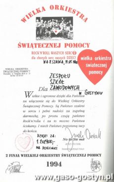 3802.Podziekowanie za udzial w Wielkiej Orkiestrze Swiatecznej Pomocy dla Zespolu Szkol Zawodowych w Gostyniu (1994 r.)