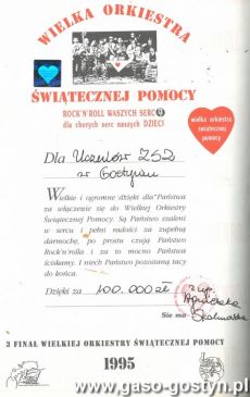 3803.Podziekowanie za udzial w Wielkiej Orkiestrze Swiatecznej Pomocy dla Zespolu Szkol Zawodowych w Gostyniu (1995 r.)