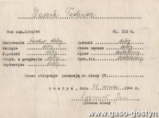 3899. Swiadectwo - Szkola Podstawowa nr 1 w Gostyniu (1946 r.)