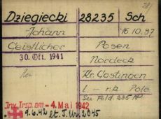 4.Karta wieznia ks. Jana Dziegieckiego  wystawiona przez kancelarie KL Dachau (4 maja 1942 r. w tzw. transporcie inwalidow wywiezionych do Hartheim), zrodlo-Arolsen Archives