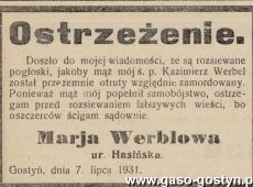 403.Ogloszenie z prasy gostynskiej - 1931r.