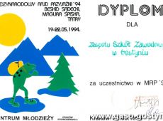 4165.Dyplom dla Zespolu Szkol Zawodowych w Gostyniu za udzial w Miedzynarodowym Rajdzie Przyjazni Beskid Sadecki-Magura Spiska-Tatry (19-22 maja 1994 r.)