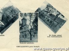 4197.Chwalkowo (szkola, kosciol, M.Gluza - sklad towarow kolonialnych) - widokowka z poczatku XX wieku