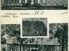 4249.Widokowka  z Pudliszek (palac, szkola, handel kolonialny P.Zygmunt,  1911 r.)