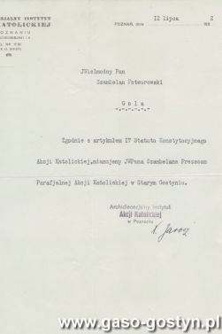 4275.Nominacja szambelana Edwarda Potworowskiego z Goli na prezesa Parafialnej Akcji Katolickiej w Starym Gostyniu (12 lipca 1932 r.)