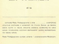 434.List pochwalny, ktory otrzymali najlepsi uczniowie SP 1 w Gostyniu (1973r.)