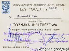 452. Legitymacja odznaki jubileuszowej 60-lecia MZKS Kania Gostyn (1983 r.)