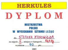 454.Dyplom za II miejsce w Mistrzostwach Polski w wyciskaniu sztangi lezac (2003 r.)