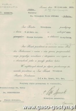 4635.Akt powolania z dniem 1 grudnia 1932 roku ksiedza wikariusza Piotra Musialy z parafii w Kozminie na wikariat w Starym Gostyniu (akt wyslany z Kurii Arcybiskupiej z Poznania 19 listopada 1932 r.)