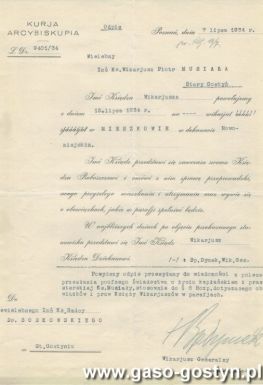 4636.Akt powolonia z dniem 15 lipca 1934 roku ksiedza wikariusza Piotra Musialy z parafii w Starym Gostyniu na wikariat w Mieszkowie (akt wyslany z Kurii Arcybiskupiej z Poznania 7 lipca 1934 r.)