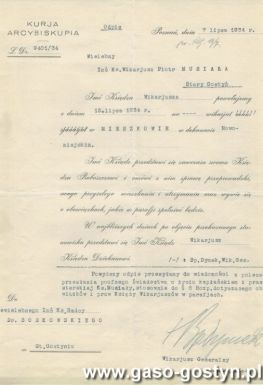 4636.Akt powolonia z dniem 15 lipca 1934 roku ksiedza wikariusza Piotra Musialy z parafii w Starym Gostyniu na wikariat w Mieszkowie (akt wyslany z Kurii Arcybiskupiej z Poznania 7 lipca 1934 r.)