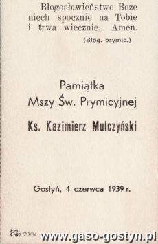 470.Pamiatka Mszy Swietej Prymicyjnej ksiedza Kazimierza Mulczynskiego w kosciele farnym w Gostyniu (4 czerwca 1939 r.)