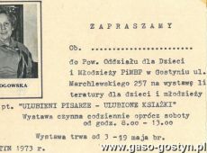 5101. Zaproszenie na wystawe  pt. Ulubieni pisarze-ulubione ksiazki w Powiatowej i Miejskiej Bibliotece Publicznej w Gostyniu (maj 1973 r.)