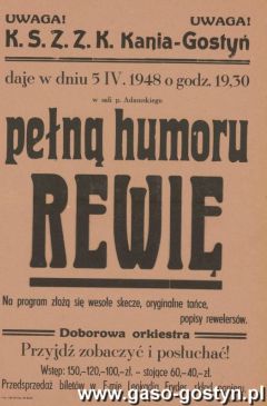 548.Plakat informujacy o rewii przygotowanej przez sportowcow gostynskiej Kani w Sremie (5 kwietnia 1948 r.)