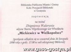 5501. Zaproszenie na recital Zbigniewa Walerysia pt. Mickiewicz w Wielkopolsce (26 listopada 1998 r.)