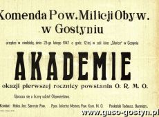 5681. Plakat informujacy o akademii z okazji pierwszej rocznicy powstania ORMO (Gostyn, 23 luty 1947 r.)