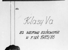 6092.Dyplom dla klasy Va Szkoly Podstawowej nr 2 w Gostyniu za wzorowe zachowanie w roku szkolnym 1985-1986