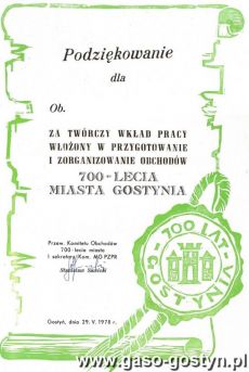 6222.Podziekowanie za przygotowanie i organizacje obchodow 700-lecia Gostynia (29 maja 1978 r.)