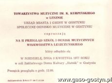 6840.Zaproszenie na II Przeglad Szkol i Ognisk Muzycznych Wojewodztwa Leszczynskiego w Zakladowym Domu Kultury Hutnik w Gostyniu (3 kwietnia 1977 r.)