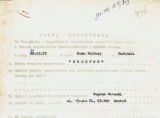 6901.Karta zgloszenia do weryfikacji amatorskich zespolow muzycznych z terenu wojewodztwa leszczynskiego i miasta Leszna, ktora odbyla sie 30 wrzesnia 1979 roku w Domu Kultury w Gostyniu.