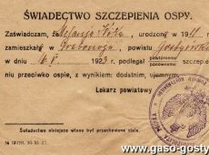 691.Swiadectwo szczepienia przeciwko ospie (Gostyn, 1923 r.)