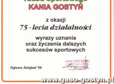 706.List gratulacyjny od LZS Dabtoczanka Pepowo dla MZKS Kania Gostyn z okazji 75-lecia klubu (1998 r.)