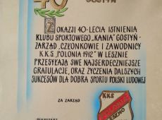 722.Dyplom gratulacyjny od Zarzadu KKS Polonia Leszno dla KS Kania Gostyn z okazji 40-lecia gostynskiego klubu