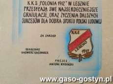722.Dyplom gratulacyjny od Zarzadu KKS Polonia Leszno dla KS Kania Gostyn z okazji 40-lecia gostynskiego klubu