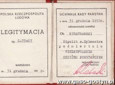 723.Legitymacja Wielkopolskiego Krzyza Powstanczego nadanego posmiertnie burmistrzowi Gostynia Hipolitowi Niestrawskiemu , 1958 r.