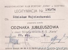 724.Legitymacja Odznaki Jubileuszowej z okazji 50-lecia Kani Gostyn (1974 r.)