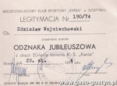 724.Legitymacja Odznaki Jubileuszowej z okazji 50-lecia Kani Gostyn (1974 r.)