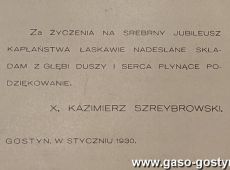 733.Podziekowanie za zyczenia zlozone z okazji 25-lecia kaplanstwa (Gostyn, 1930 r.)