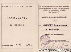 735. Legitymacja Medalu Za Warszawe (4 luty 1971 r.)