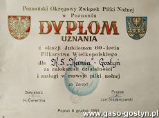 735.Dyplom uznania dla Klubu Sportowego Kania Gostyn z okazji Kubileuszu 60-lecia Pikarstwa Wielkopolskiego (6 grudnia 1969 r.)