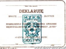 736.Deklaracja symbolicznego gwozdzia do dzrewca szatndaru MZKS Kania Gostyn z okazji 65-lecia klubu (1988 r.)