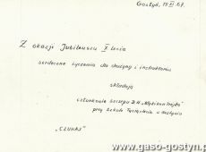 7573.10. rocznica Harcerskiej Druzyny Rzemieslniczej Spotow Wodnych im. Jana Kilinskiego przy Cechu Rzemiosl Roznych w Gostyniu (19 listopada 1967 r.) - zyczenia od harcerzy z SP 3 w Gostyniu