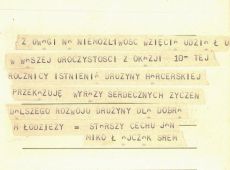 7576. 10. rocznica Harcerskiej Druzyny Rzemieslniczej Spotow Wodnych im. Jana Kilinskiego przy Cechu Rzemiosl Roznych w Gostyniu (19 listopada 1967 r.) - telegram od Starszego Cechu Jana Mikolajczaka ze Sremu