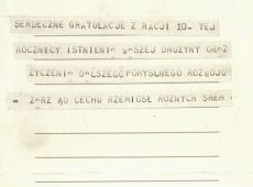 7578.10. rocznica Harcerskiej Druzyny Rzemieslniczej Spotow Wodnych im. Jana Kilinskiego przy Cechu Rzemiosl Roznych w Gostyniu (19 listopada 1967 r.) - telegram od Zarzadu Cechu Rzemiosl Roznych ze Sremu