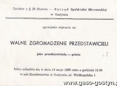 795.Zaproszenie na Walne Zgromadzenie Przedstawicieli Spoldzielni Mleczarskiej w Gostyniu (14.05.1985 r.)