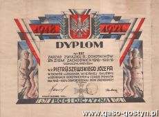 827. Dyplom odznaczenia krzyzem  Jozefa Pietraszewskiego w dowod uznania wiernej sluzby w szeregach ochotniczych w czasie powstania 1918-1921 i oswobodzeniu ziem zachodnich (1934 r.)