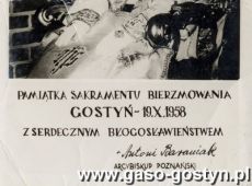 835.Pamiatka sakramentu bierzmowania udzielonego przez Arcybiskupa Poznanskiego Antoniego Baraniaka (Gostyn, 19 pazdziernika 1958 r.)