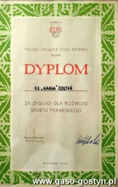 836.Dyplom dla Klubu Sportowego Kania Gostyn (1969 r.)